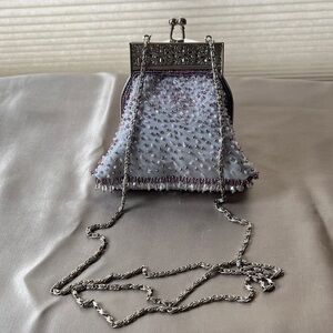Vintage Cache Silver and Purple Beaded Mini Clutch Bag With Stylish Chain Strap